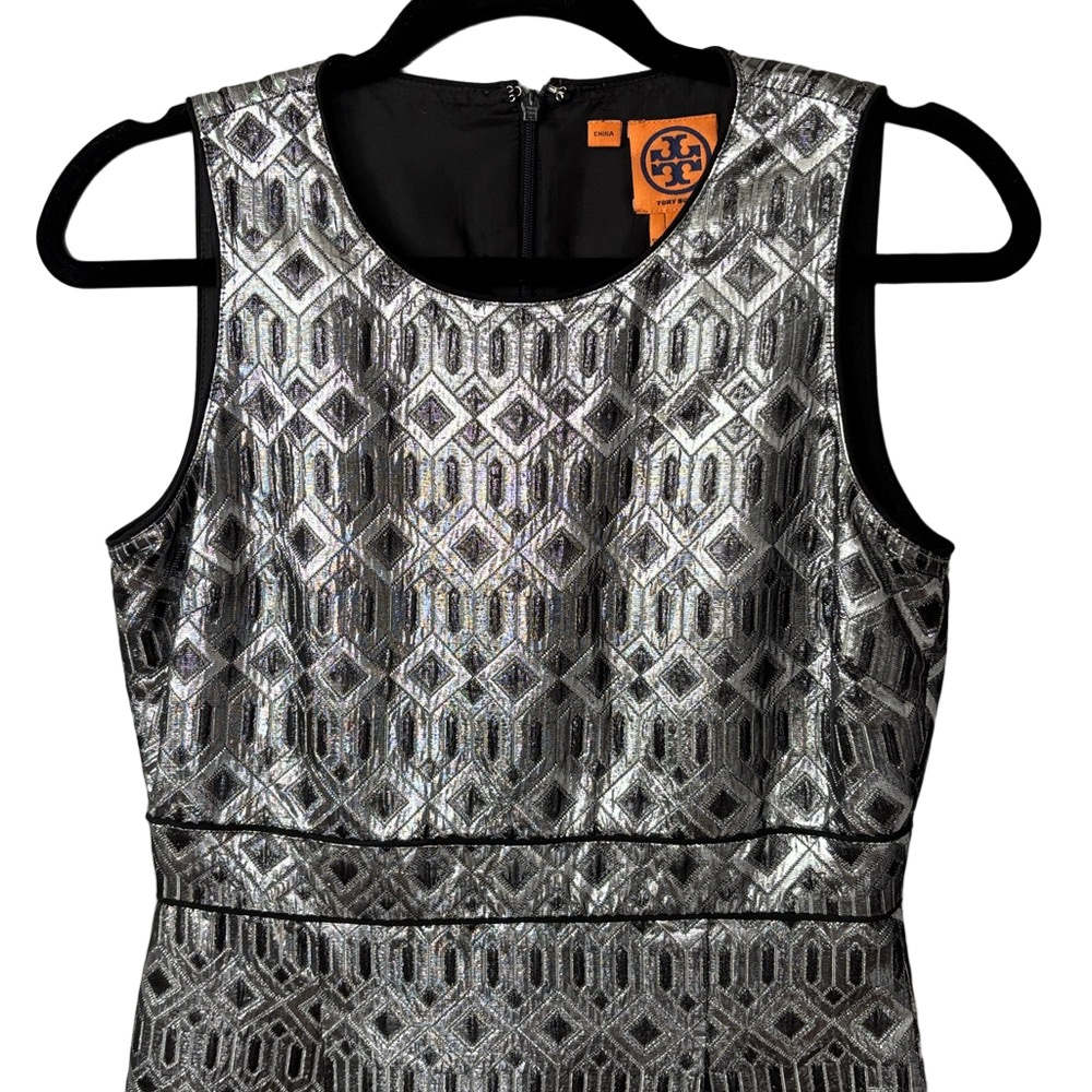 Tory Burch Ryanne Metallic Sheath Dress Size 4 Silver Black Cocktail - Picture 3 of 7